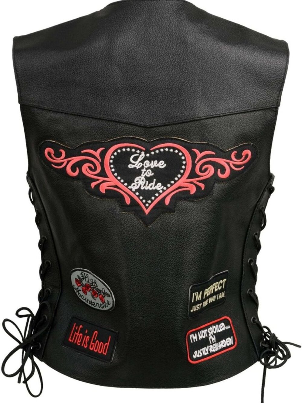 Stylish Black Leather Motorcycle Vest for Women - Patched, Embroidered, Side